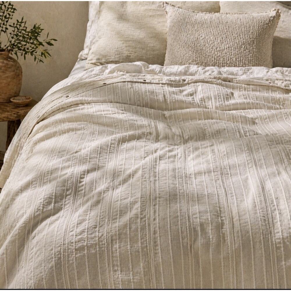 “Woolrich Linen Blend Duvet Cover Neutral Textured Stripe Farmhouse Queen”